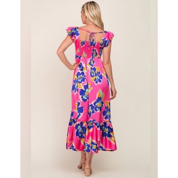 VANILLA BAY Colorful Floral Pleated Bodice Smocked Ruffle Midi Dress Sz S NWT - Picture 3 of 14